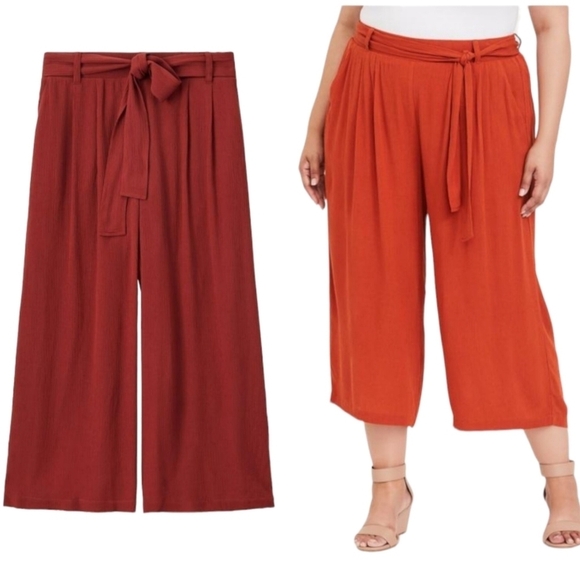 TORRID Crop Flowy‎ Wide Leg Gauze Mid-Rise Tie-Front Pants Brown Womens Sz 6X - Picture 2 of 14